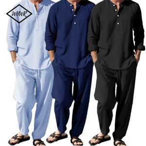 새로운 긴 소매 헨리 셔츠 바지 정장 남자 경량 통기성 streetwear 솔리드 컬러 비즈니스 버튼 폴로 셔츠 긴 바지
