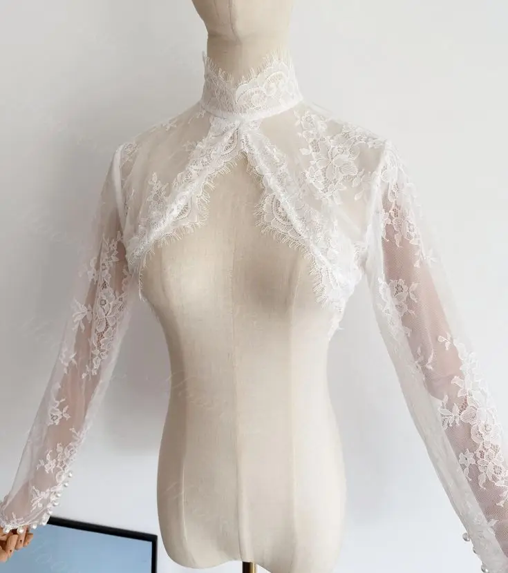 레이스 웨딩 볼레로 긴 소매 신부 재킷 하이 넥라인 포멀 파티 브라이덜 숄 여성용 케이프 랩 액세서리