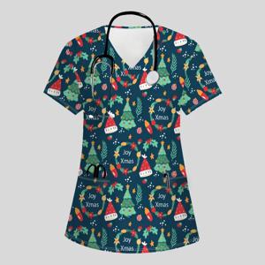 크리스마스 수술복 여성 크리스마스 테마 패턴 패션 브이넥 포켓 반팔 상의 출퇴근용 스크럽 유니폼 여성