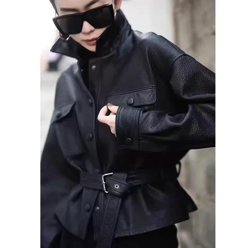 여성용 천연 염소가죽 숏 재킷 봄 가을 블랙 칼라 스타일리시 아우터웨어