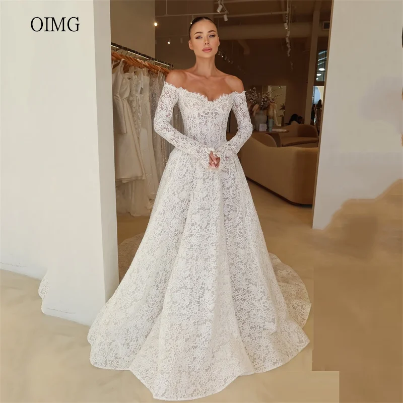OIMG 고급스러운 레이스 오프 숄더 A라인 웨딩 드레스 백리스 신부 드레스 바닥 길이 롱 테일 웨딩 가운 맞춤 제작