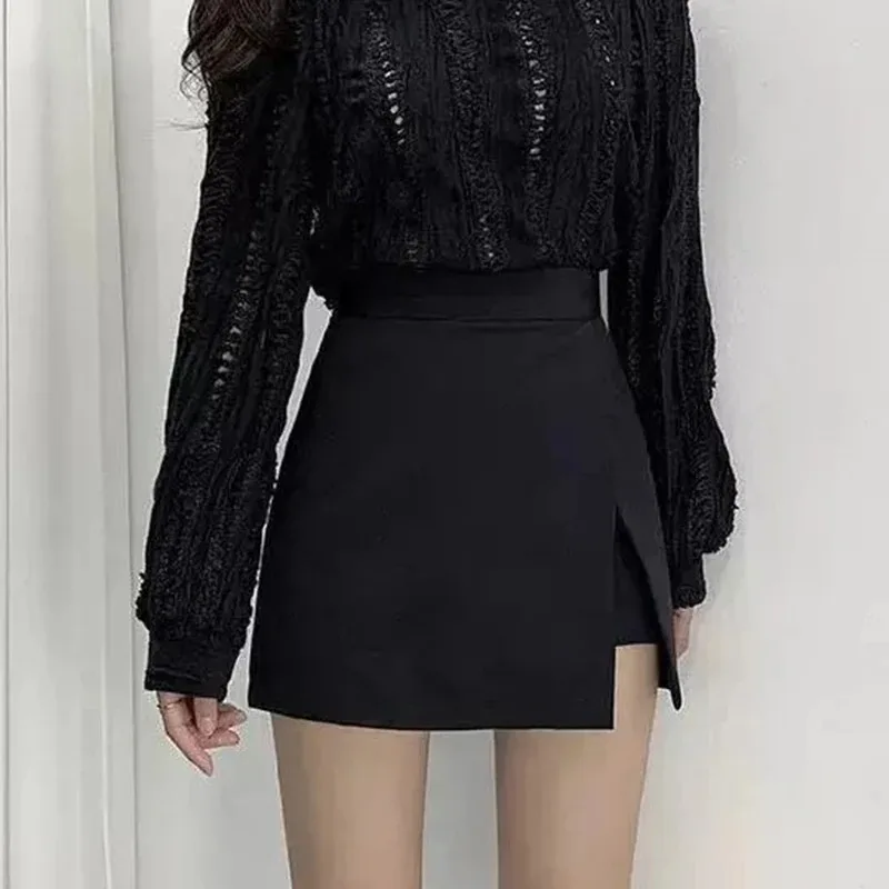 블랙 미니 스커트 여성용 비대칭 사이드 슬릿 하이웨이스트 A라인 숏 스커트 여름 한국 패션 시크 힙 랩 스커트 여성용