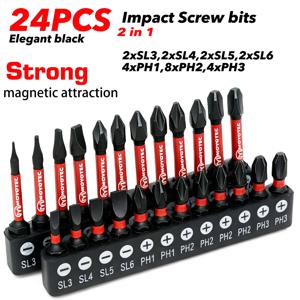 12/24개 Ph/Sl 고강도 충격 방지 스크루드라이버 비트 세트, 강력한 자성을 지닌 25/50mm S2 합금강, 전동 공구와 호환 가능