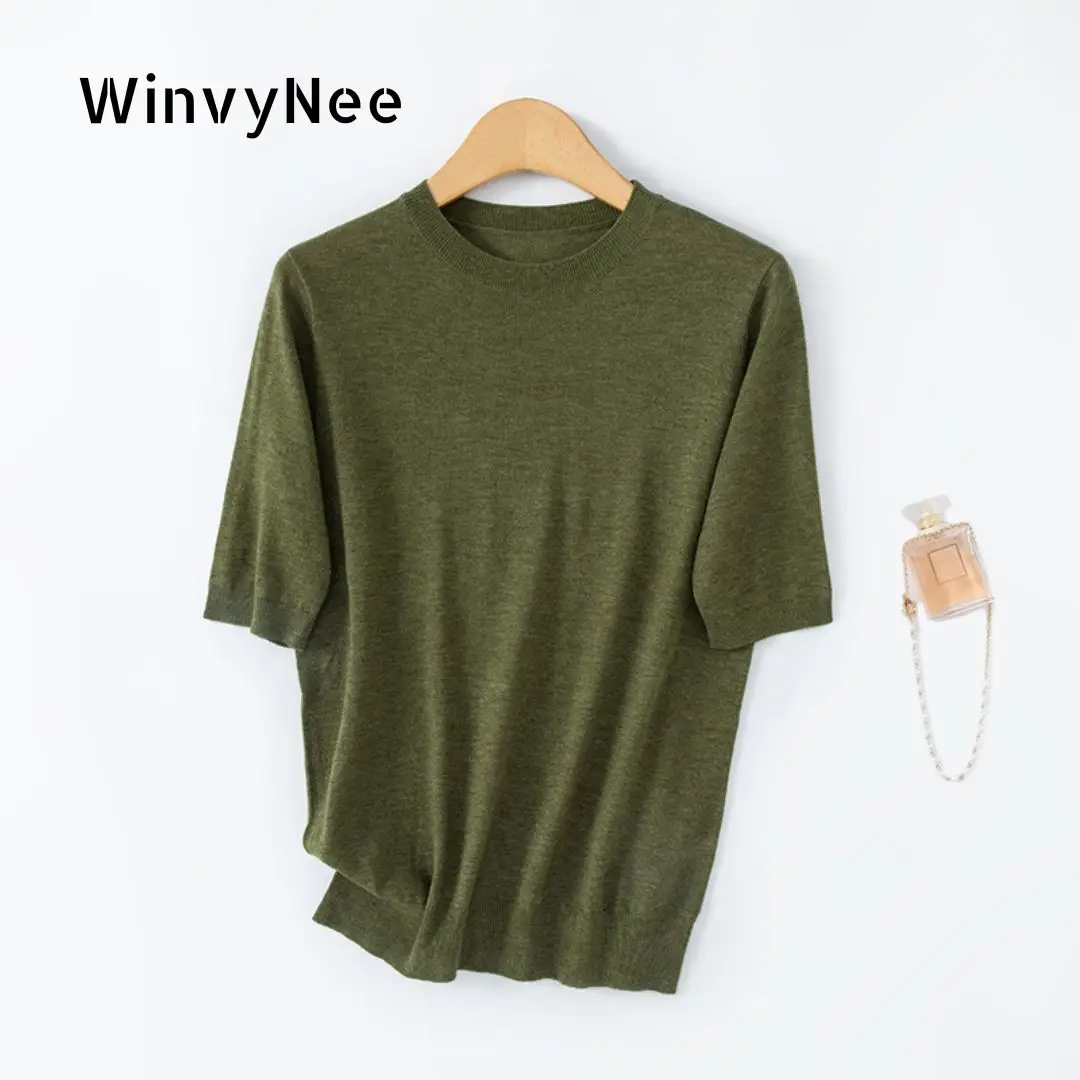 WinvyNee 여성용 울 크루넥 플레인 반소매 풀오버 봄 가을 클래식 시크 경량 기본 스테이플 A1757021A