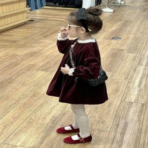 소녀들을 위한 세련된 벨벳 러플 드레스 가을 겨울 새로운 스타일 귀여운 매트 와인 레드 포켓 손수건 by MEHTT Dr Beach