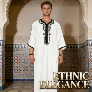 민족 의상 남성용 무지 블랙 무슬림 자수 로브 롱 셔츠 캐주얼 청년 전통 데일리 패션
