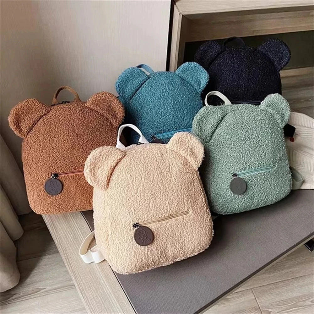 1Pcs 귀여운 곰 귀 양털 작은 배낭 어린이 소녀 캐주얼 따뜻한 양털 데이 팟 가방 여행 쇼핑을위한 책가방 배낭