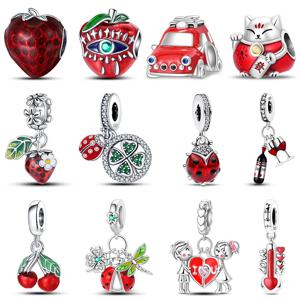 925 실버 딸기 무당 벌레 자동차 립스틱 패션 여성 레드 매력 비즈 맞는 Pandach 925 원래 팔찌 DIY 쥬얼리 선물