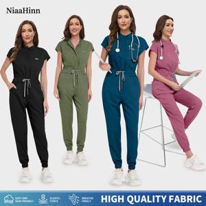 Niaahinn 지퍼 넥 실험실 점프 슈트 애완 동물 미용 간호사 유니폼 Onesie 반팔 스크럽 작업복 건강 서비스 간호 의류