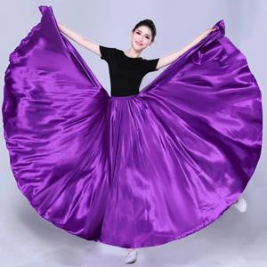 Pleated Big Hem 새틴 롱 스페인어 스커트 여성 퍼포먼스 스커트 높은 탄성 허리 스윙 댄스 스커트 밸리 댄스 스커트