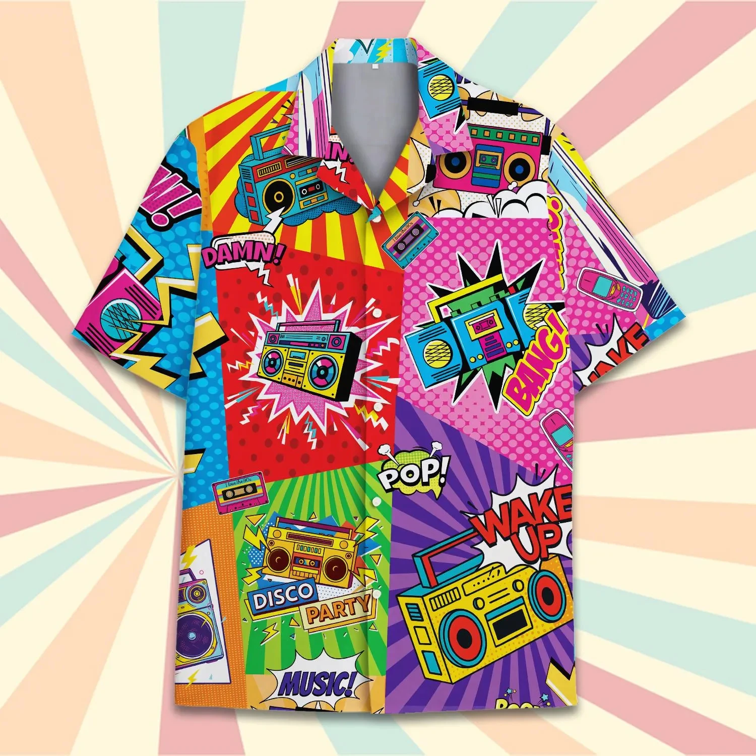 레트로 디스코 음악 큐브 하와이안 셔츠 남성용 갤럭시 팝 스케이트보드 남성 하와이안 80년대 90년대 셔츠 반팔 힙합 셔츠