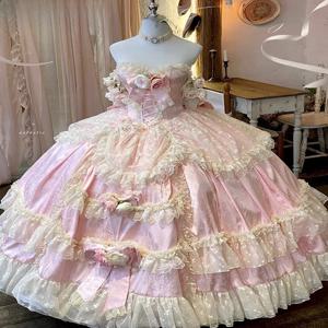 로리타 이브닝 드레스 여성용 핑크 플로럴 결혼식 성인식 학생 생일 미술 시험 연례 컨퍼런스 파티 공주 스커트