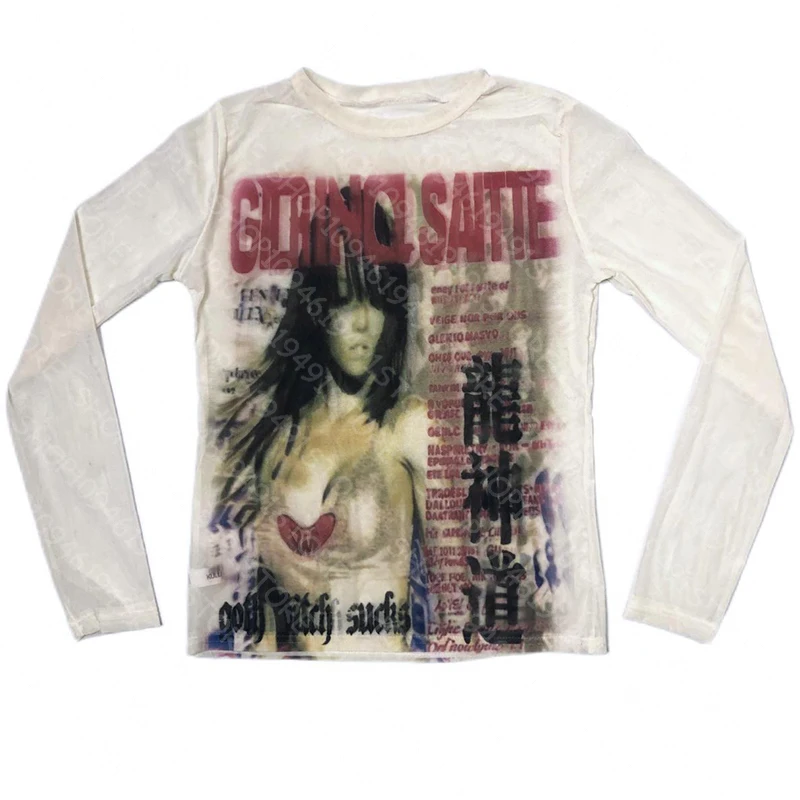 펑크 미학 빈티지 Y2K 긴팔 티셔츠 프린트 귀여운 그런지 티셔츠 이모 걸즈 의류 고딕 페어리코어 여성 스트리트웨어