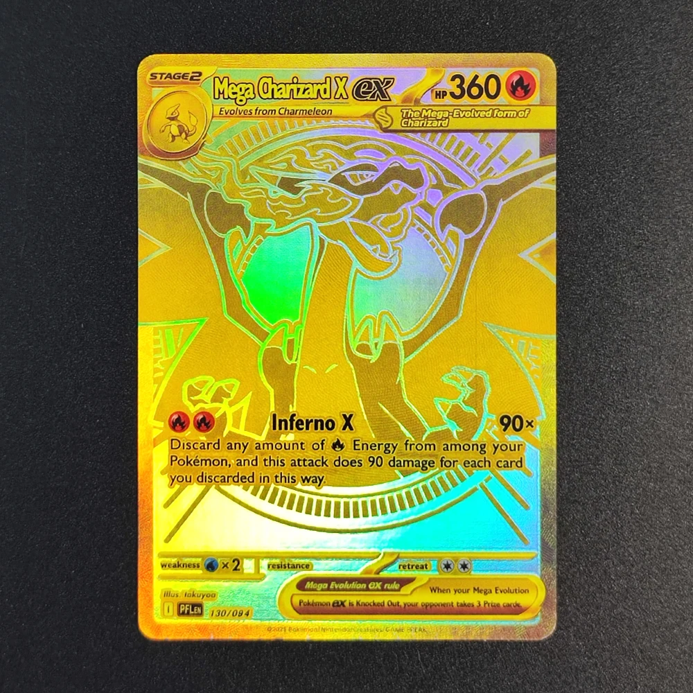 셀프 메이드 프록시 PTCG 영어 메가 리자몽 X ex # 130 골드 ME02 판타즈마 플레임즈 취미 컬렉션 플래시 카드 장난감