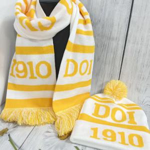 DOI 그리스 문자 1910 여학생 클럽 자매들 파티 겨울 흰색 노란색 스카프 모자 세트