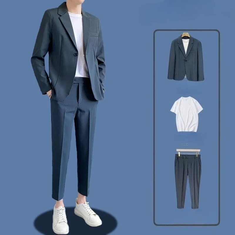 남성용 드레이프 캐주얼 정장 세트 한국 스타일 루즈핏 봄 가을 멋스럽고 멋진 트렌디한 가벼운 성숙한 스타일리쉬한 정장 재킷