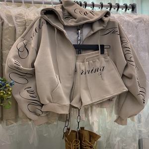 미국 하이 스트리트 스타일 여성 후드 재킷 및 반바지 세트 봄 가을 슬리밍 숏팬츠 투피스 세트