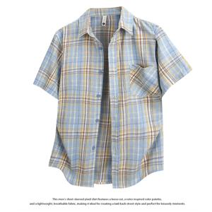 빈티지 아메리칸 스타일 새로운 반팔 체크 무늬 셔츠 캐주얼 게으른 스타일 남성 셔츠 코트 심플한 디자인 루즈하고 올 매치