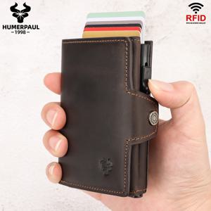 HUMERPAUL 남성용 카드 소지자 (머니 포켓 포함) Crazy Horse Leather Pop Up 미니멀리스트 지갑 RFID 차단 슬림 메탈 은행 카드 케이스
