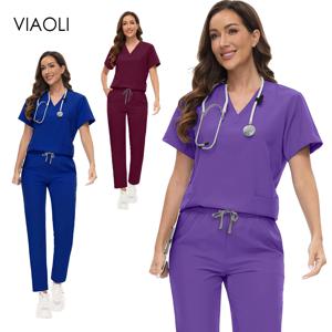 의료 스크럽 여성 병원 간호사 유니폼 짧은 소매 간호 스크럽 유니폼 세트 솔리드 컬러 스트레이트 바지 수술 가운