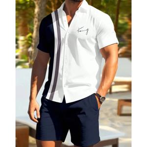 남성 셔츠 세트 빈티지 스트라이프 리프 라펠 반팔 캐주얼 셔츠 비치 반바지 여름 스트리트웨어 하와이안 슈트 루즈핏 의류