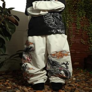 뉴 화이트 진 Y2K 드래곤 패턴 남성용 아메리칸 하이 스트리트 레트로 한국 스트레이트 팬츠 하라주쿠 힙합 커플 와이드 팬츠