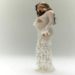 섹시한 임산부 사진 촬영용 프롬 드레스, 긴 소매 웨딩 모닝 가운, 맞춤형 3D 꽃 장식 롱 파티 가운