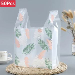 50Pcs 식품 비닐 봉투 패션 깃털 패턴 조끼 가방 피자 버거 외부 포장 가방 슈퍼마켓 매장 파티 웨딩 캔디 가방
