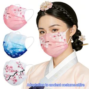 여성용 10개입 로맨틱 플로럴 & 별빛 하늘 프린트 페이스 마스크, 3겹 직조 폴리프로필렌, 신축성, 통기성 및 자외선 차단 기능