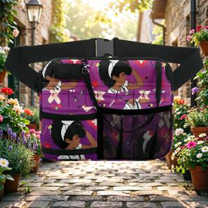 검은색 간호사 만화 프린트 허리 가방 - 청진기 홀더, 조절 가능한 스트랩, 간호사 선물이 포함된 다중 포켓 유틸리티 파우치