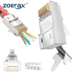 10개 차폐 RJ45 Cat6A Cat7 패스 스루 커넥터 - 3프롱 8P8C 금도금 2피스 패스 스루 모듈형 데이터 플러그