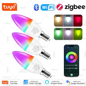 Tuya E14 블루투스 WiFi Zigbee 스마트 LED 전구 디 밍이 가능한 E14 RGB 2700-6500K 스마트 라이프 APP 용 LED 촛불 램프 Alexa Google