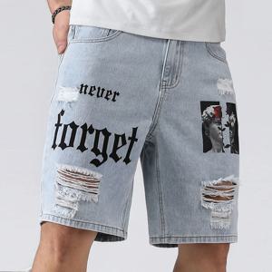 남성 여름 신축성 데님 반바지 청바지 남성용 streetwear 편지 찢어진 무릎 길이 헐렁한 컴포트 카고 캐주얼 반바지 바지 진