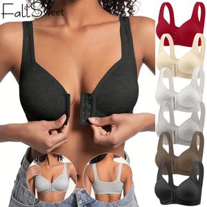 Fallsweet 여성용 매끄러운 전면 클로저 브래지어 솔리드 와이어 프리 푸시 업 Bralette 풀 커버리지 고정 컵 편안한 속옷