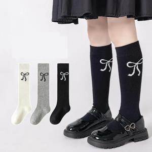3 쌍 소녀의 무릎 높이 슬라우치 양말 블랙 화이트 그레이 보우 봄 쌓을 수있는 스타킹 어린이를위한 3-12Y 어린이 캐주얼 학교 양말