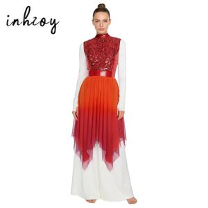 여성 예배 예배의식 찬양 무용 드레스 반짝이는 스팽글 민소매 보디스 그라데이션 메쉬 불규칙한 밑단 리리컬 댄스 드레스