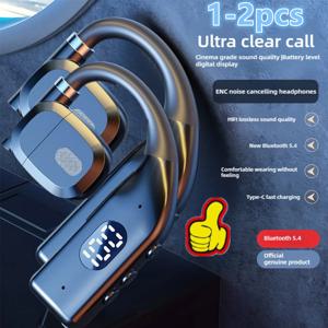 1-2이어후크 무선 블루투스 5.4 헤드폰 게이밍 스포츠 헤드셋 하이파이 스테레오 노이즈 감소 이어버드 마이크 포함