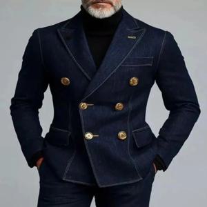 레트로 남성 정장 데님 블레이저 고급 더블 브레스티드 피크 라펠 슬림핏 재킷 비즈니스 캐주얼 스포츠 코트 골드 버튼