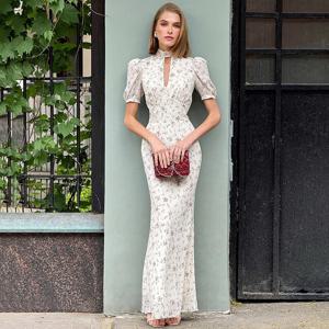 리나드 스프링 엘레강트 프린트 롱 드레스 빈티지 하이 웨이스트 퍼프 슬리브 드레스 여성 캐주얼 쉬폰 터틀넥 드레스 2026