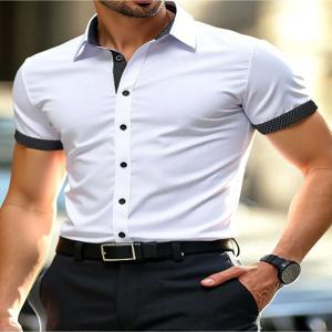 봄 여름 신상 남성 의류 반팔 배색 셔츠 95% 폴리에스터 5% 스판덱스