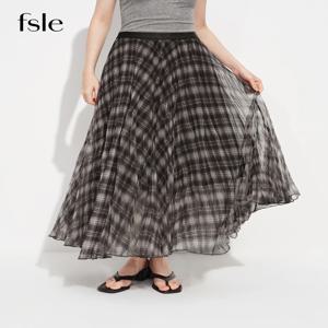 FSLE 여성용 레트로 체크 무늬 메쉬 A라인 스커트 2026년 봄 신상품 플로잉 드레이프 스커트 발목 길이 스트리트웨어 시티워크 인