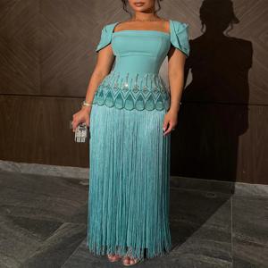 우아한 청록색 스퀘어 넥 발목 길이 드레스 여성 패딩 숄더 비즈 허리 프린지 스커트 정장 이브닝 파티 맞춤 제작
