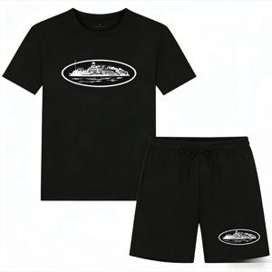 2026 여름 신상 스몰 보트 프린트 투피스 티셔츠와 반바지 루즈핏 라운드넥 통기성 반팔 캐주얼 패션 브랜드