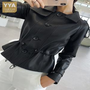 사무실 숙녀 정품 가죽 자켓 조정 가능한 허리 슬림 맞는 양피 짧은 코트 여성 싱글 브레스트 펑크 바이커 겉옷