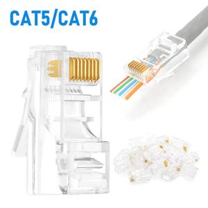 10/50/100개 패스 스루 RJ45 Cat6/Cat5e 커넥터 크리스탈 엔드 8P8C 크림프 UTP 표준 이더넷 네트워크 모듈러 플러그