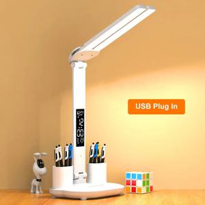 LED 시계 테이블 램프 USB 충전식 디밍이 가능한 책상 램프 2 헤드 180 회전 접이식 눈 보호 독서 야간 조명