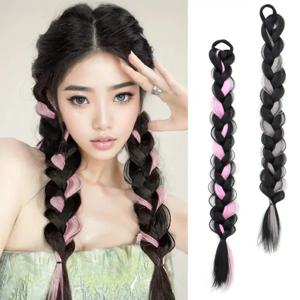 18 인치 합성 긴 상자 Fishbone 땋은 포니 테일 헤어 익스텐션 블랙 브라운 혼합 핑크 그레이 헤어 피스 여성용