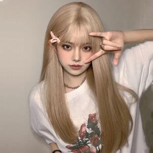 베이지색과 흰색 합성 가발 긴 직선 머리 여성 고온 실크 메커니즘 앞머리 전체 가발 전체 머리 세트
