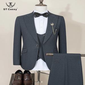 ST 캐시 고품질 남성 정장 3피스 고급 슬림핏 남성 신랑 결혼식 파티 드레스 수트 비즈니스 오피스룩