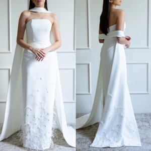 맞춤형 정장 캐주얼 저지 깃털 라인 석 스트레이트 Strapless 롱 드레스 맞춤형 행사 드레스 클래식 모던 스타일